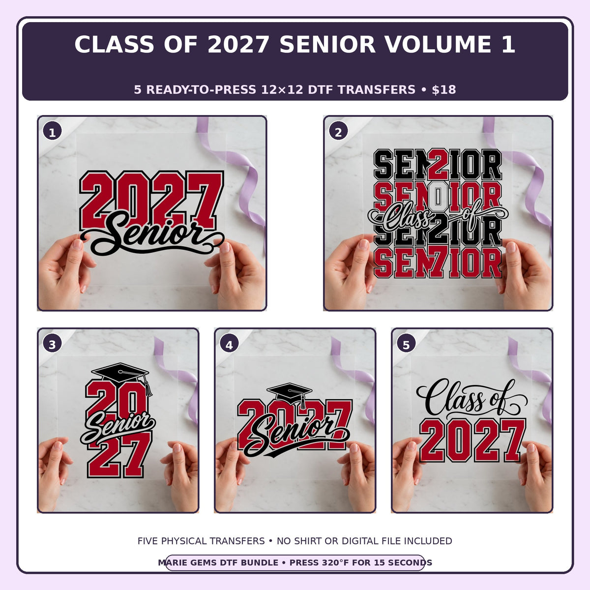 Class of 2027 Senior Volume 1 five-pack 12x12 ready-to-press DTF transfer bundle collage showing all five included designs