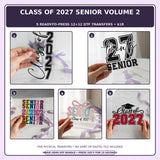 Class of 2027 Senior Volume 2 five-pack 12x12 ready-to-press DTF transfer bundle collage showing all five included designs