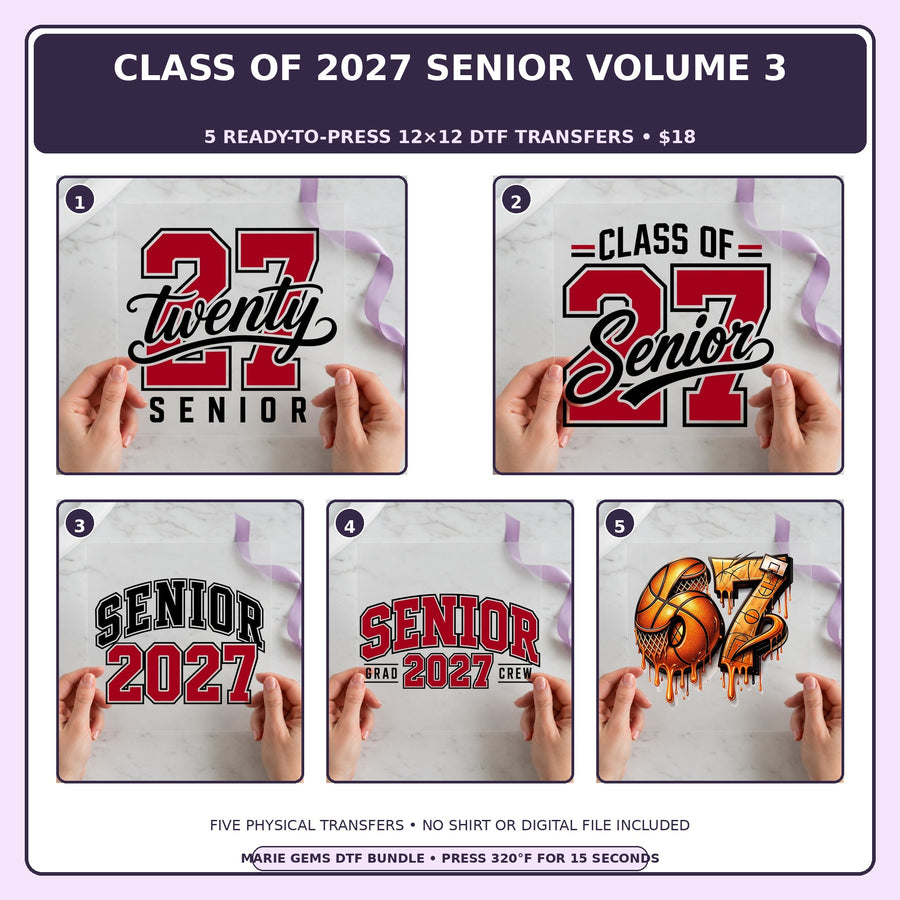 Class of 2027 Senior Volume 3 five-pack 12x12 ready-to-press DTF transfer bundle collage showing all five included designs