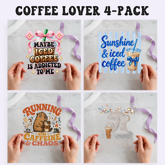 Coffee Lover four-pack 12x12 ready-to-press DTF transfer bundle collage