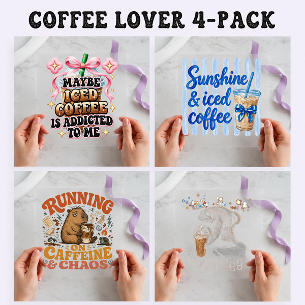 Coffee Lover four-pack 12x12 ready-to-press DTF transfer bundle collage