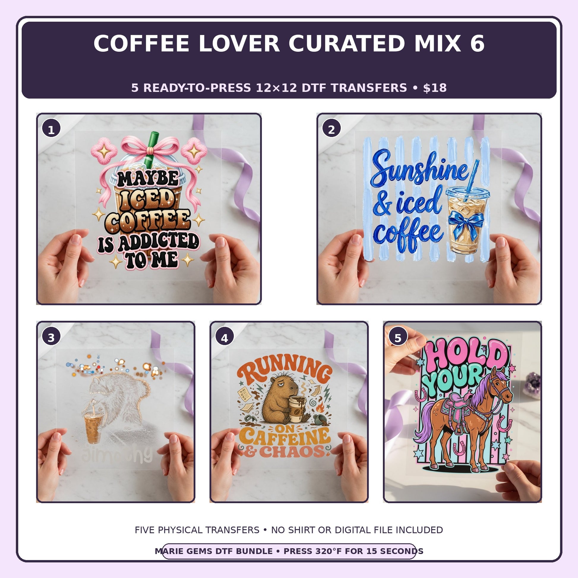 Coffee Lover Curated Mix 6 five-pack 12x12 ready-to-press DTF transfer bundle collage showing all five included designs