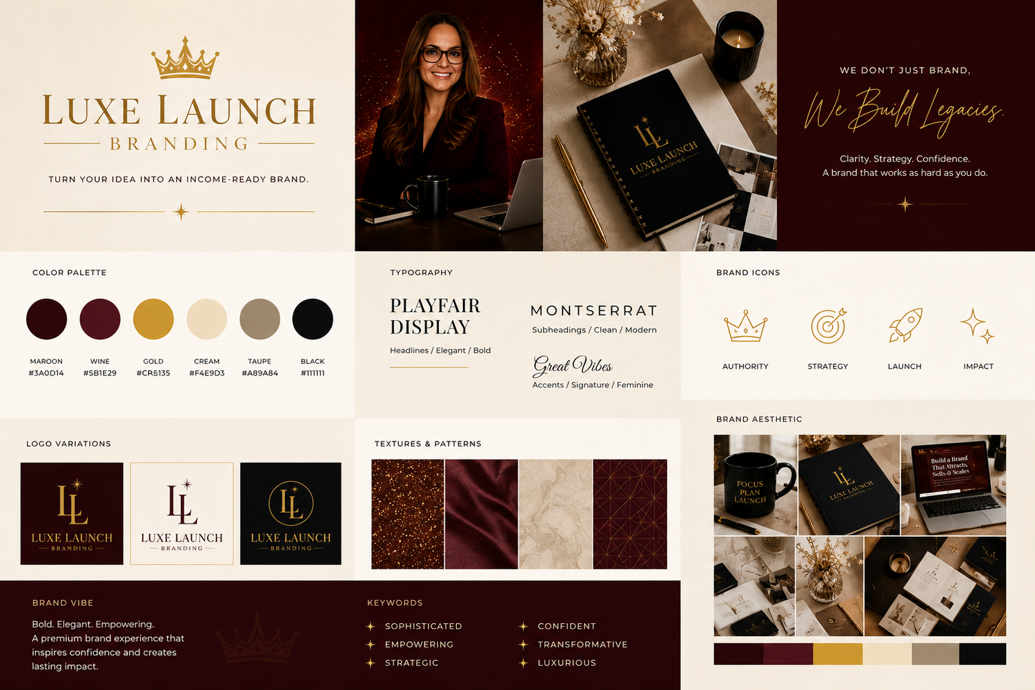 Luxury feminine branding moodboard for Luxe Launch Branding featuring a burgundy and gold color palette, logo variations, typography, and elegant brand strategy inspiration.