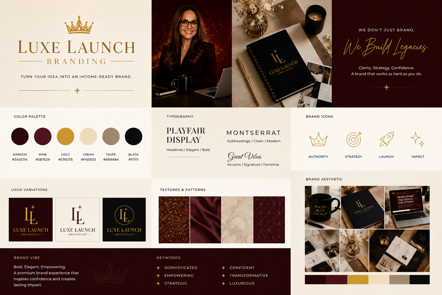 Luxury feminine branding moodboard for Luxe Launch Branding featuring a burgundy and gold color palette, logo variations, typography, and elegant brand strategy inspiration.