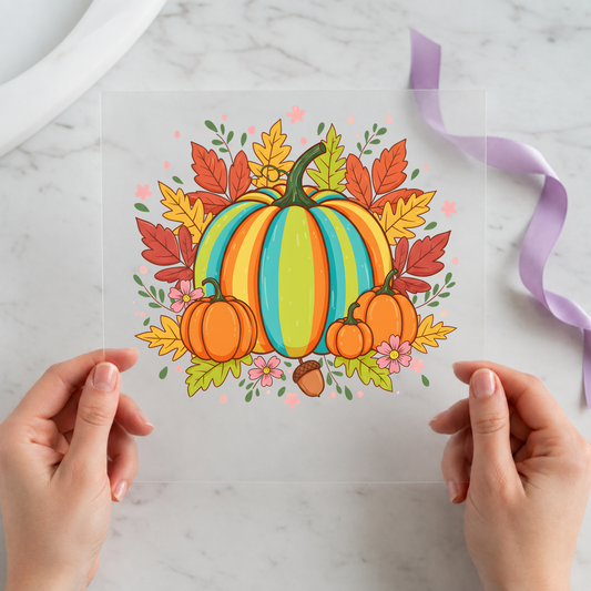Colorful Fall Pumpkin Floral individual product photo included in the Halloween Volume 6 five-pack DTF transfer bundle