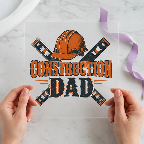 Construction Dad DTF transfer mockup with hard hat badge design for a Father's Day gift