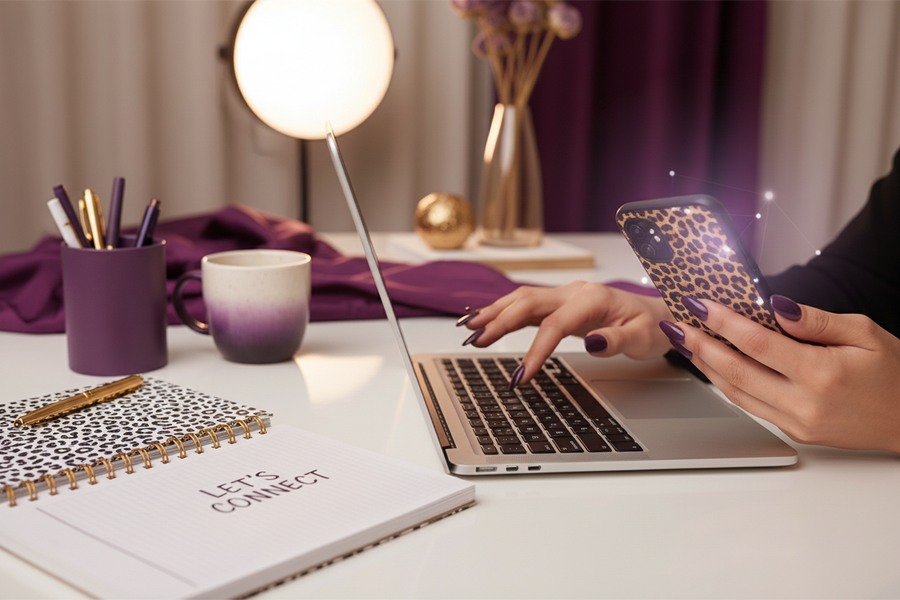 Contact page header - hands reaching out with purple and leopard print