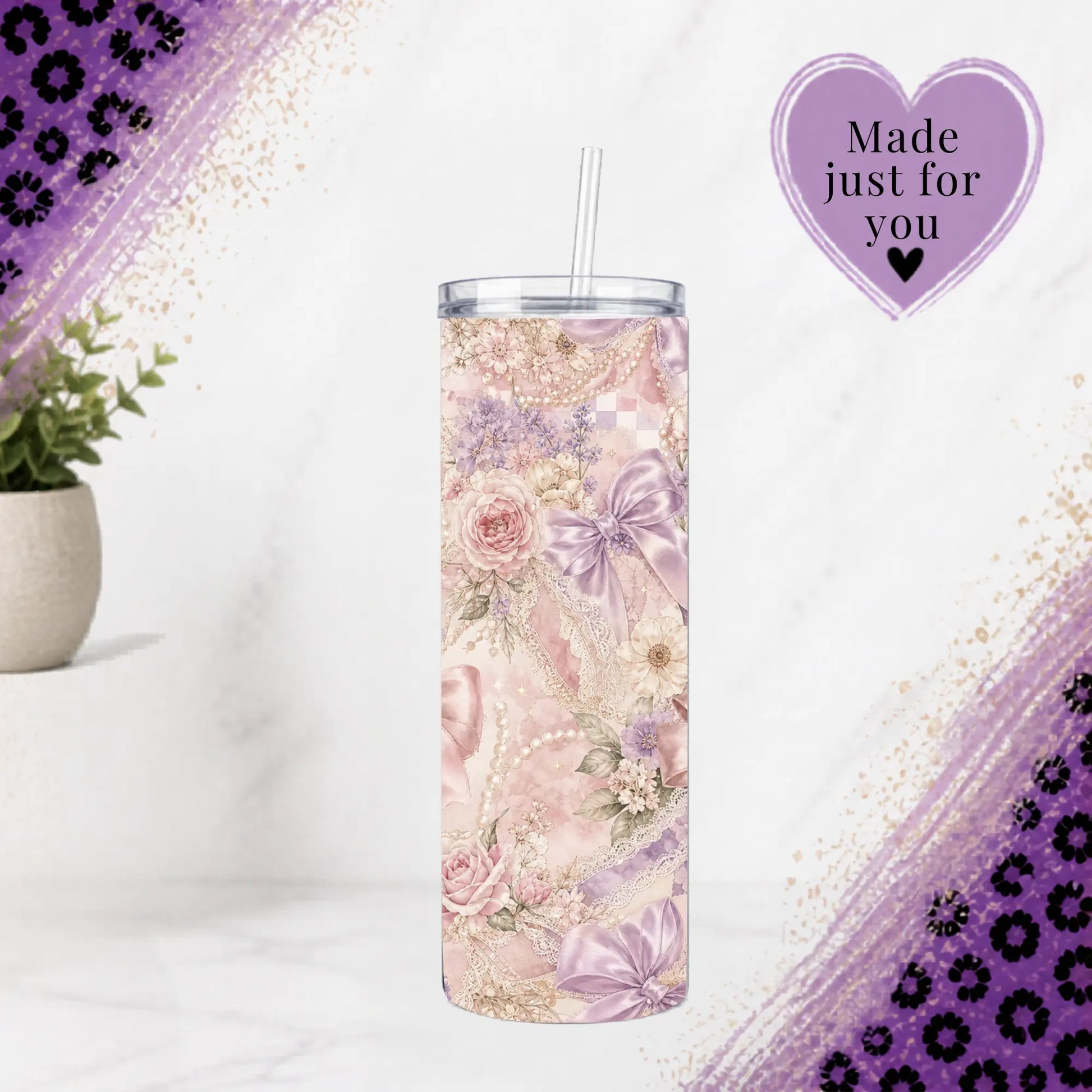 Coquette floral bow 20 oz tumbler with lavender and pink satin bows, pearls, lace and roses