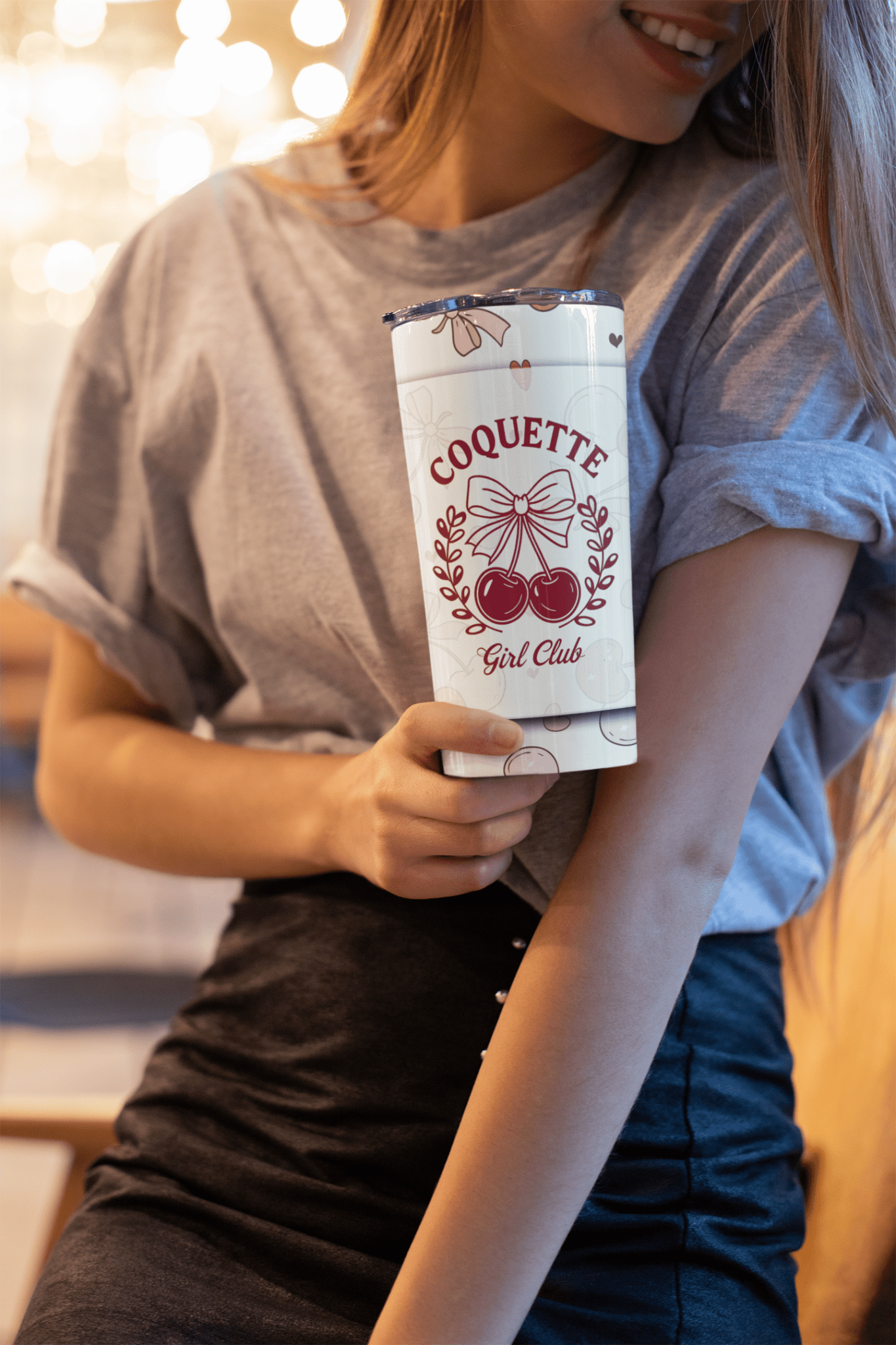 Coquette Girl Club 20oz Tumbler - Cherry & Bow Design - Insulated Stainless Steel - Marie Gems