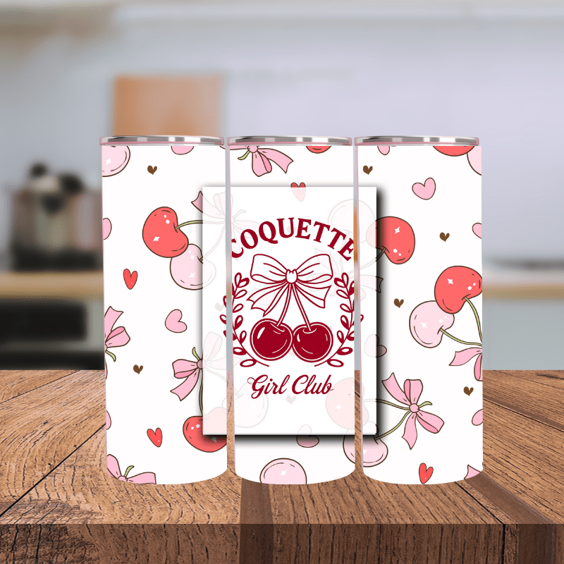 Coquette Girl Club 20oz Tumbler - Cherry & Bow Design - Insulated Stainless Steel - Marie Gems