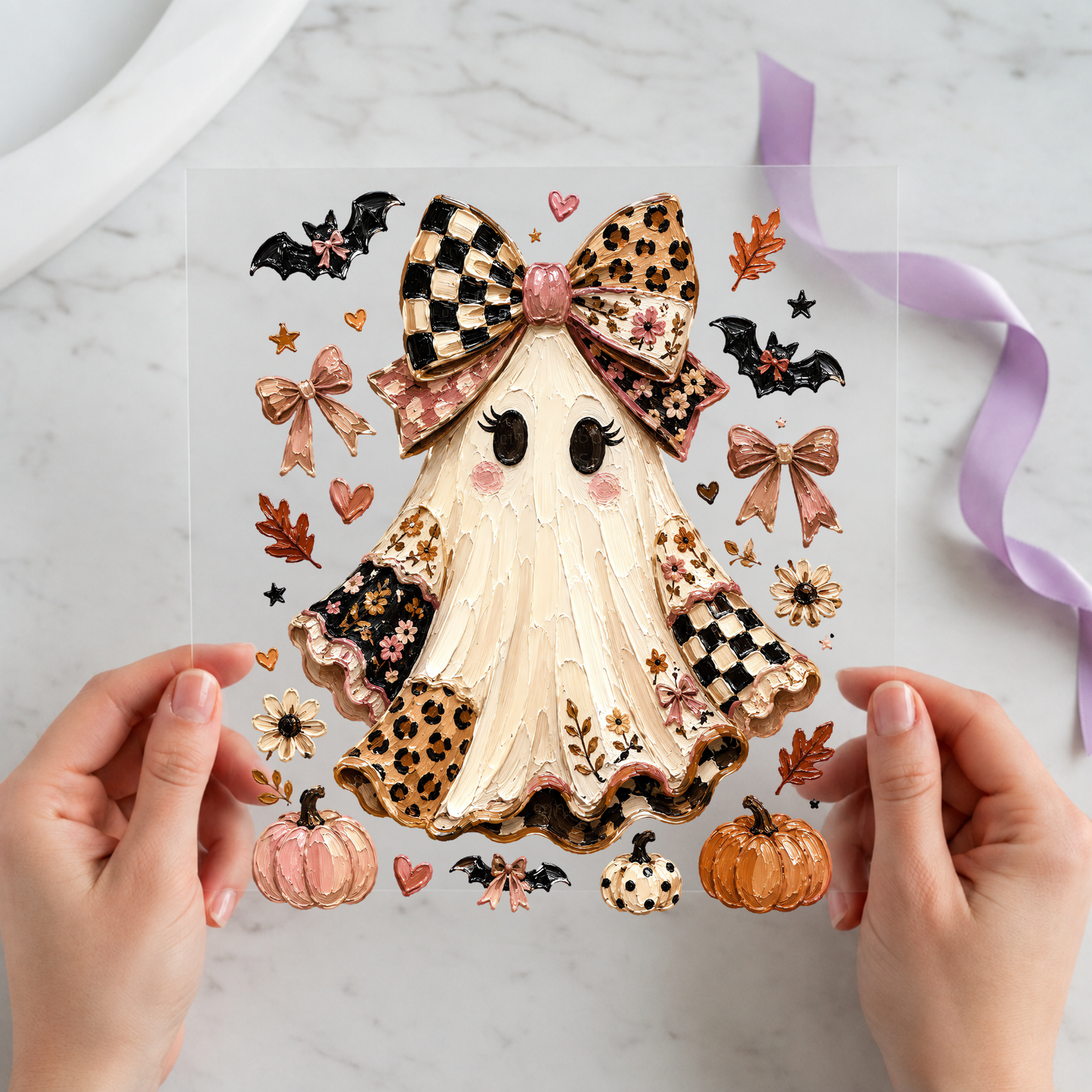 Coquette Leopard Ghost featuring ghost wearing a giant leopard-and-checkered bow on a 12x12 ready-to-press DTF heat transfer