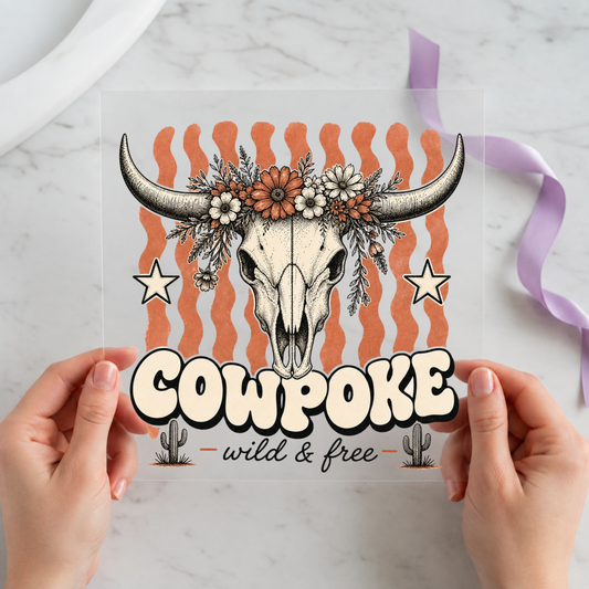 Cowpoke Longhorn Skull Wildflowers individual product photo included in the Vintage Western Cowgirl five-pack DTF transfer bundle