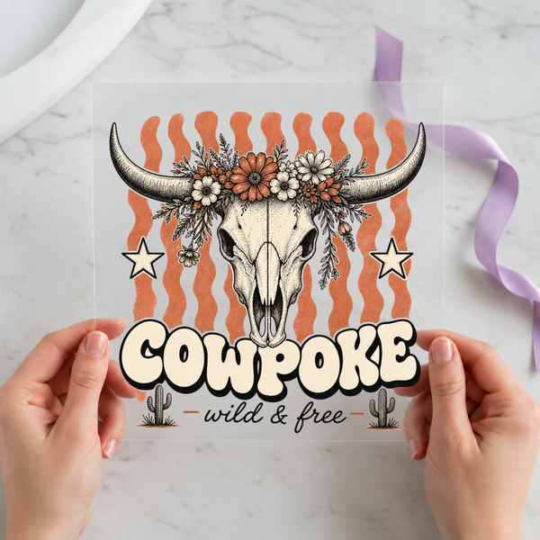 Cowpoke Longhorn Skull Wildflowers individual product photo included in the Vintage Western Cowgirl five-pack DTF transfer bundle