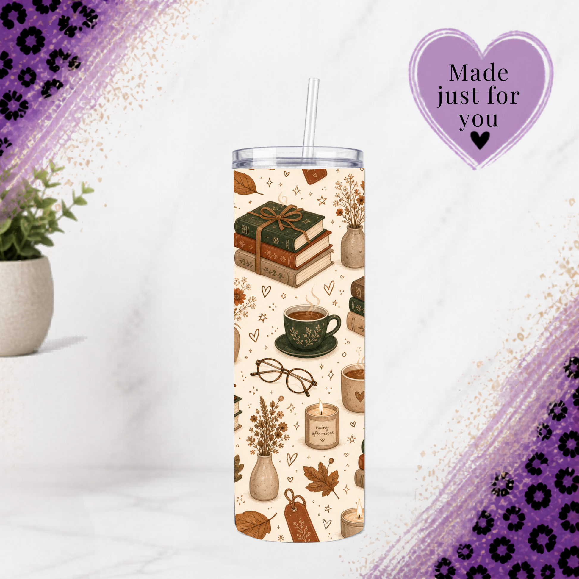 Cozy autumn book lover 20 oz skinny tumbler with books, coffee, candles and fall leaves