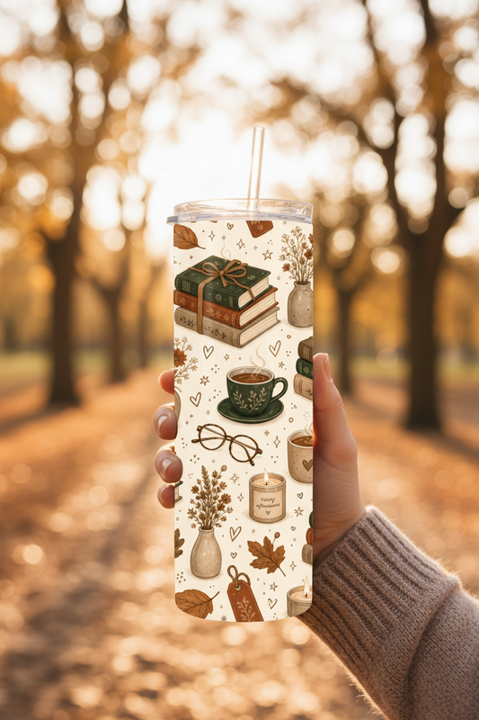 Cozy autumn book lover 20 oz skinny tumbler with books, coffee, candles and fall leaves