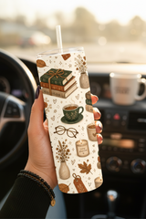 Bookish Made-to-Order 20 oz Stainless Steel Tumbler showing bookish tumbler artwork with autumn book lover tumbler, 20 oz skinny tumbler, cozy reading tumbler, product image 2
