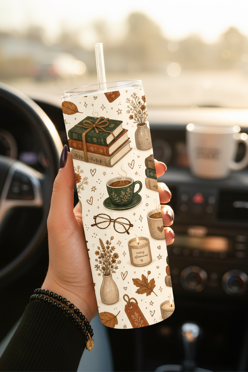 Bookish Made-to-Order 20 oz Stainless Steel Tumbler showing bookish tumbler artwork with autumn book lover tumbler, 20 oz skinny tumbler, cozy reading tumbler, product image 2