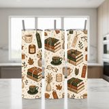 Bookish Made-to-Order 20 oz Stainless Steel Tumbler showing bookish tumbler artwork with autumn book lover tumbler, 20 oz skinny tumbler, cozy reading tumbler, product image 3