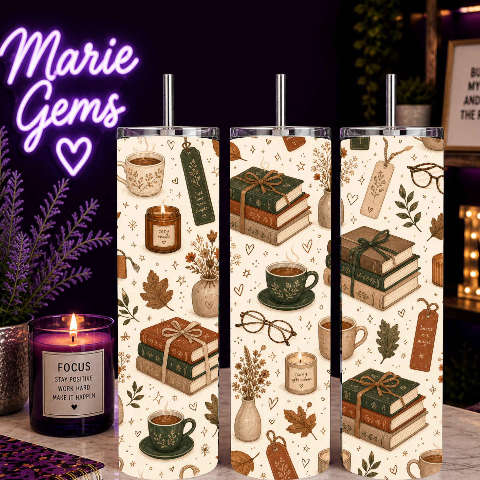 Full wraparound views of autumn book lover tumbler with books, coffee and bookmarks
