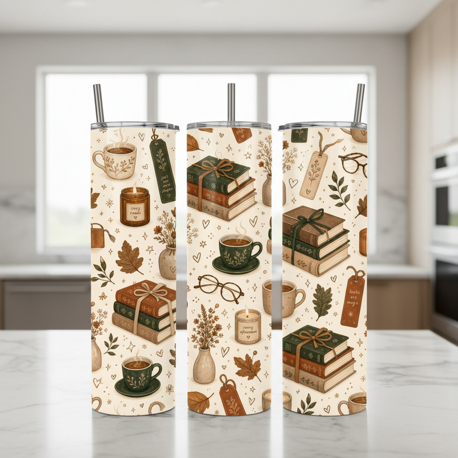 Bookish Made-to-Order 20 oz Stainless Steel Tumbler showing bookish tumbler artwork with autumn book lover tumbler, 20 oz skinny tumbler, cozy reading tumbler, product image 3