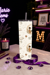 Cozy Bookworm Handmade 20 oz Stainless Steel Tumbler showing an elegant reading-inspired design with open books, cozy coffee mugs, leafy botanical accents, sparkling stars