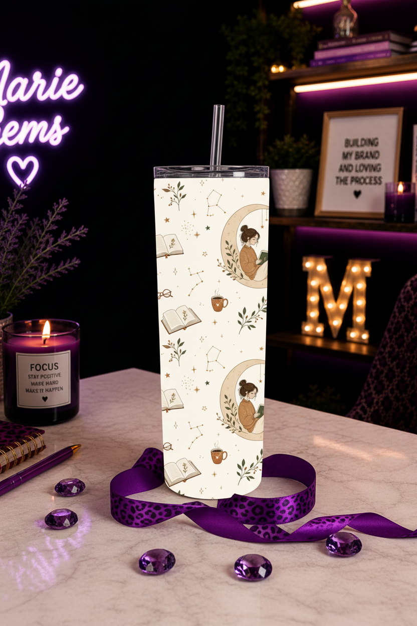 Cozy Bookworm Handmade 20 oz Stainless Steel Tumbler showing an elegant reading-inspired design with open books, cozy coffee mugs, leafy botanical accents, sparkling stars