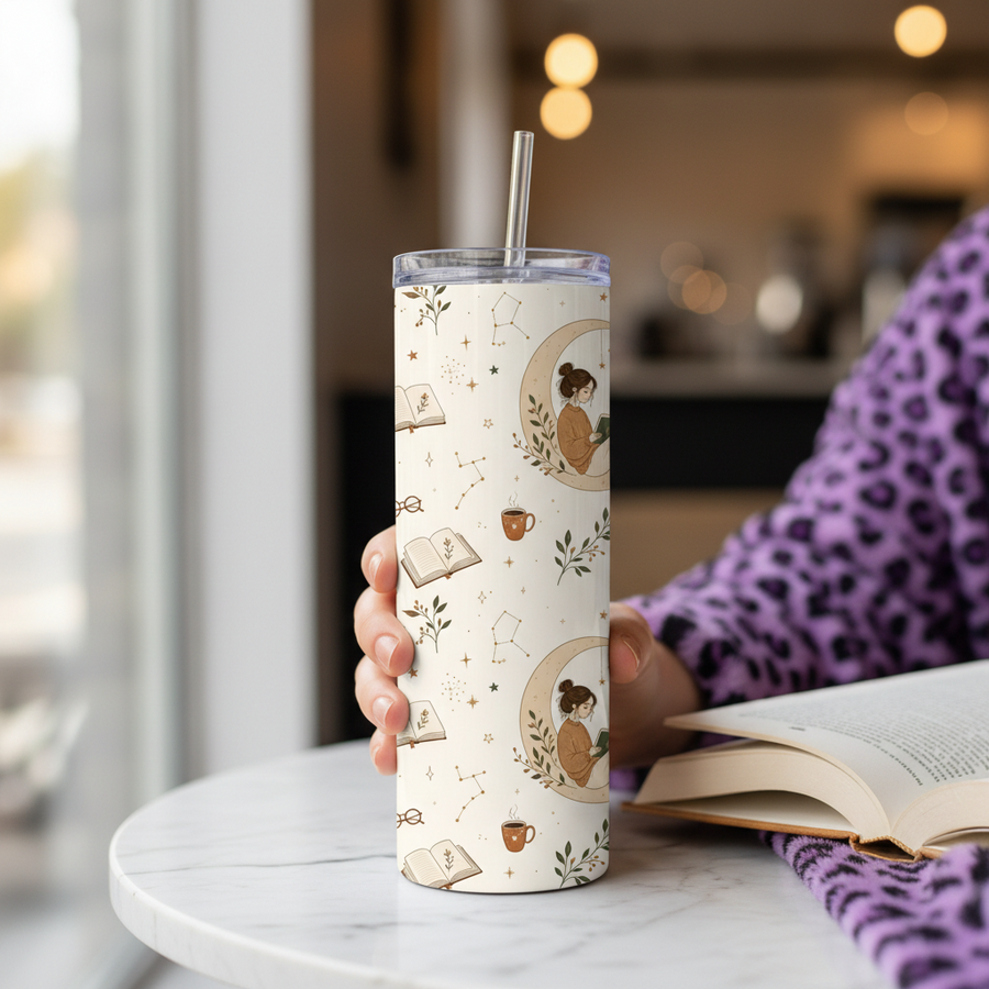 Cozy Bookworm Handmade 20 oz Stainless Steel Tumbler showing an elegant reading-inspired design with open books, cozy coffee mugs, leafy botanical accents, sparkling stars