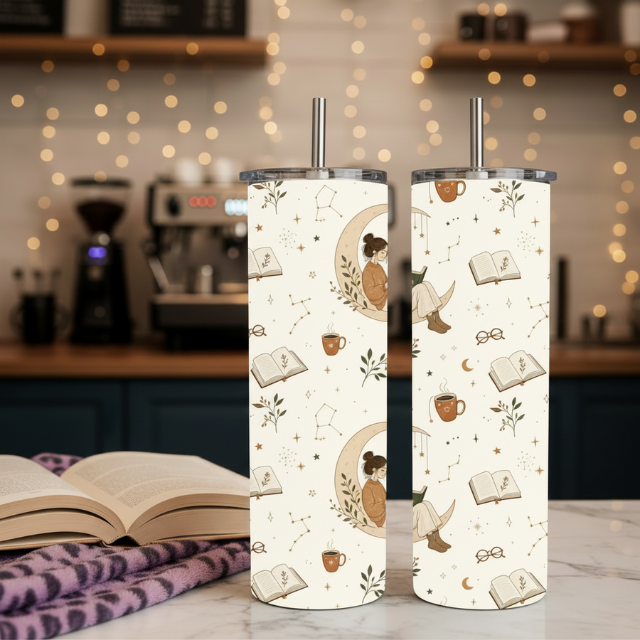 Cozy Bookworm Handmade 20 oz Stainless Steel Tumbler showing an elegant reading-inspired design with open books, cozy coffee mugs, leafy botanical accents, sparkling stars