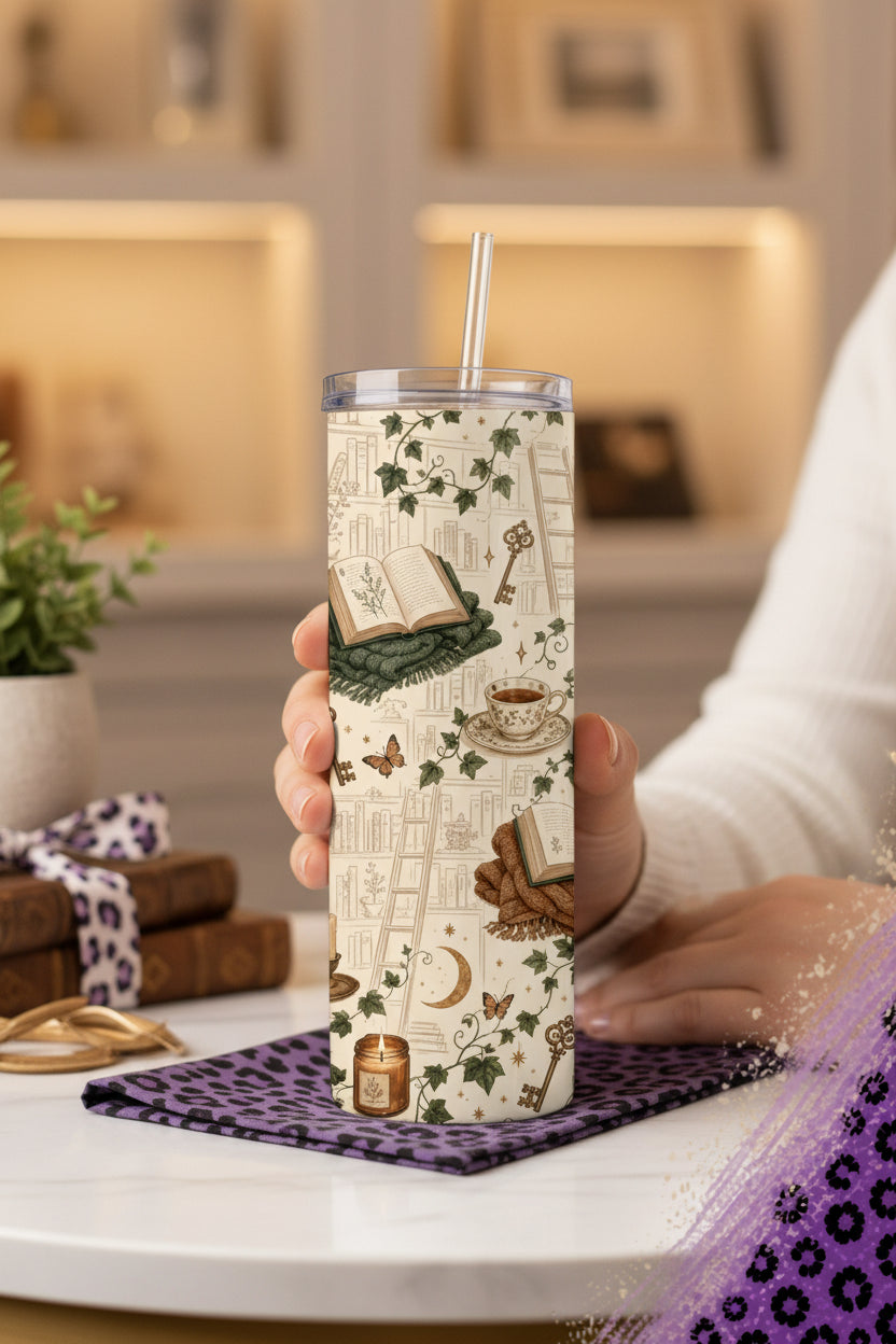 Cozy library book lover 20 oz stainless steel tumbler with books, tea, ivy and vintage keys