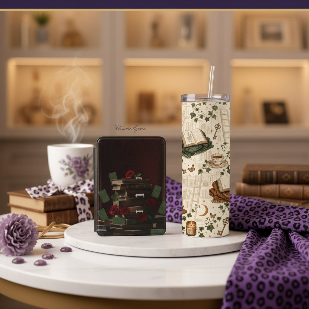 Vintage books Kindle case and cozy library tumbler reader gift bundle
