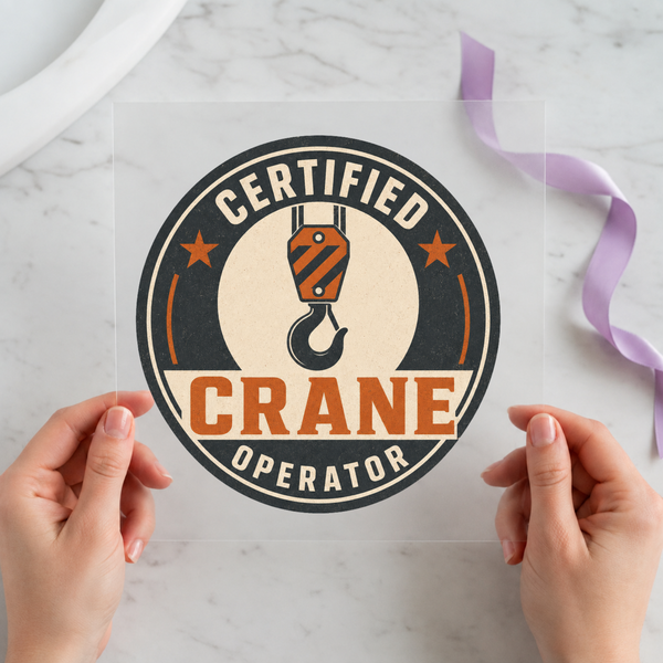 Certified Crane Operator DTF transfer mockup with crane hook badge design for a trades gift