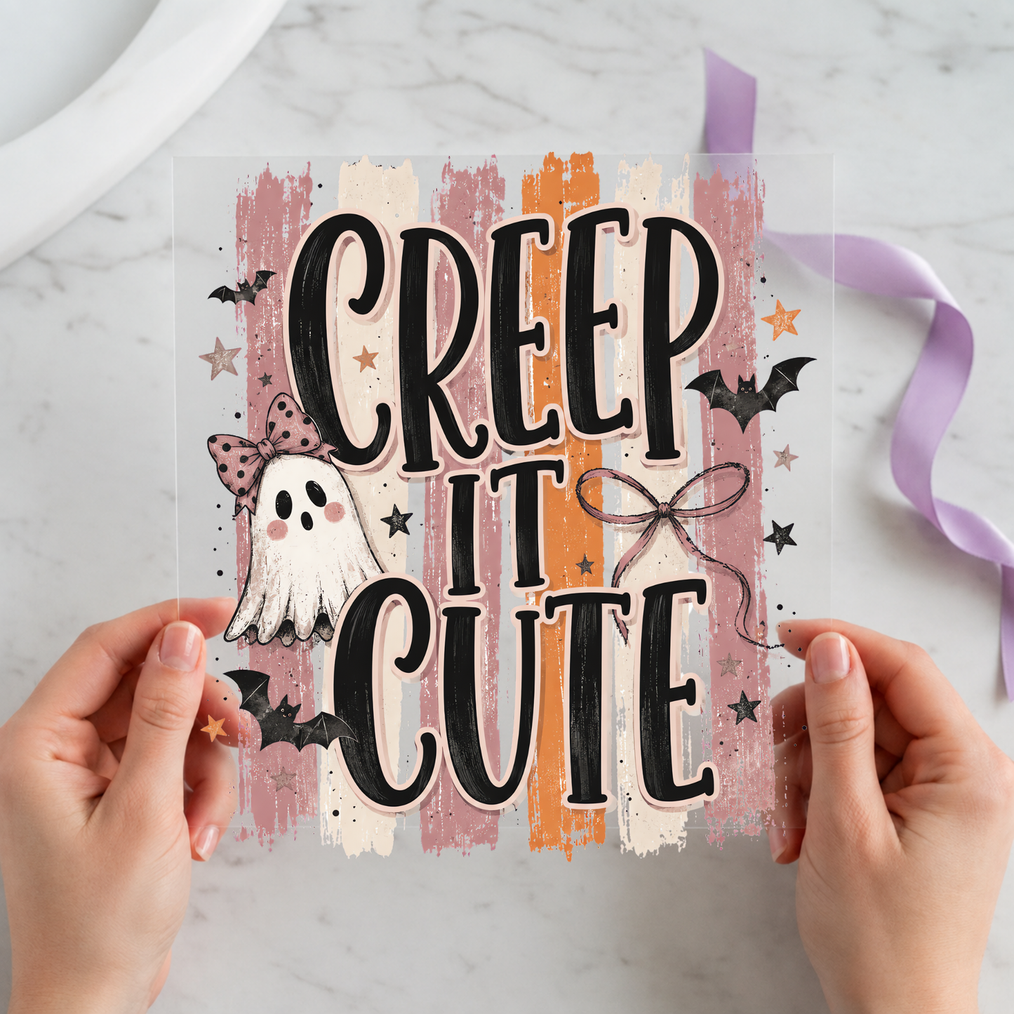 Creep It Cute Ghost featuring pink-bow ghost beside muted brush-stroke lettering on a 12x12 ready-to-press DTF heat transfer