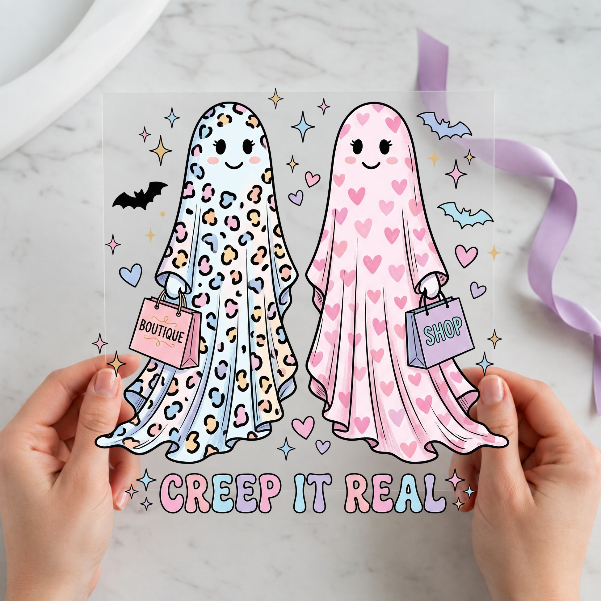 Creep It Real Ghost Friends featuring three patterned ghosts holding boutique shopping bags on a 12x12 ready-to-press DTF heat transfer