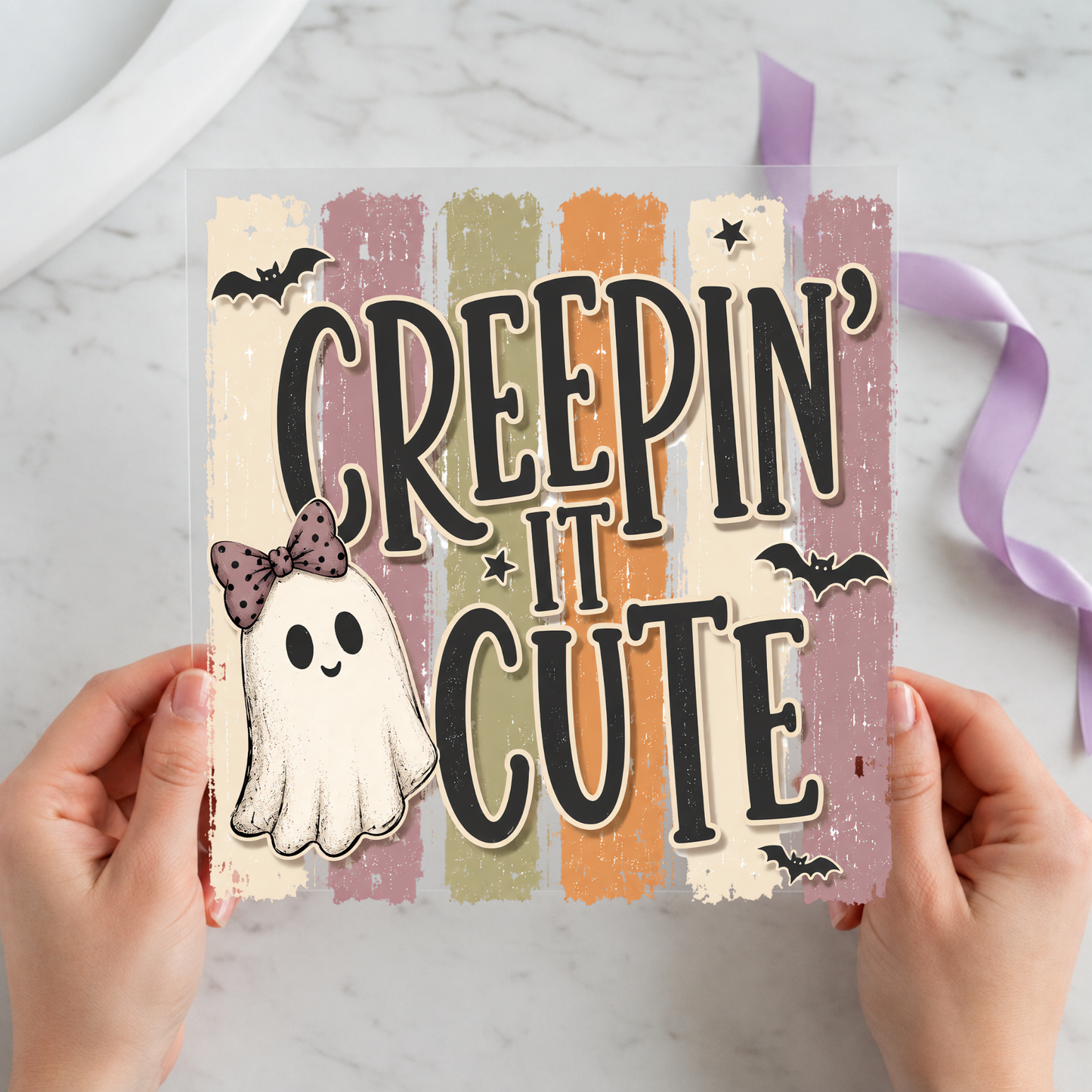 Creepin' It Cute Ghost individual product photo included in the Halloween Volume 3 five-pack DTF transfer bundle