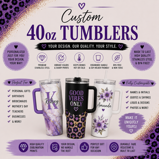 Custom 40oz Tumbler With Handle Personalized Stainless Steel Travel Mug Sublimation Drinkware Your Design Gift For Her featuring three unique designs
