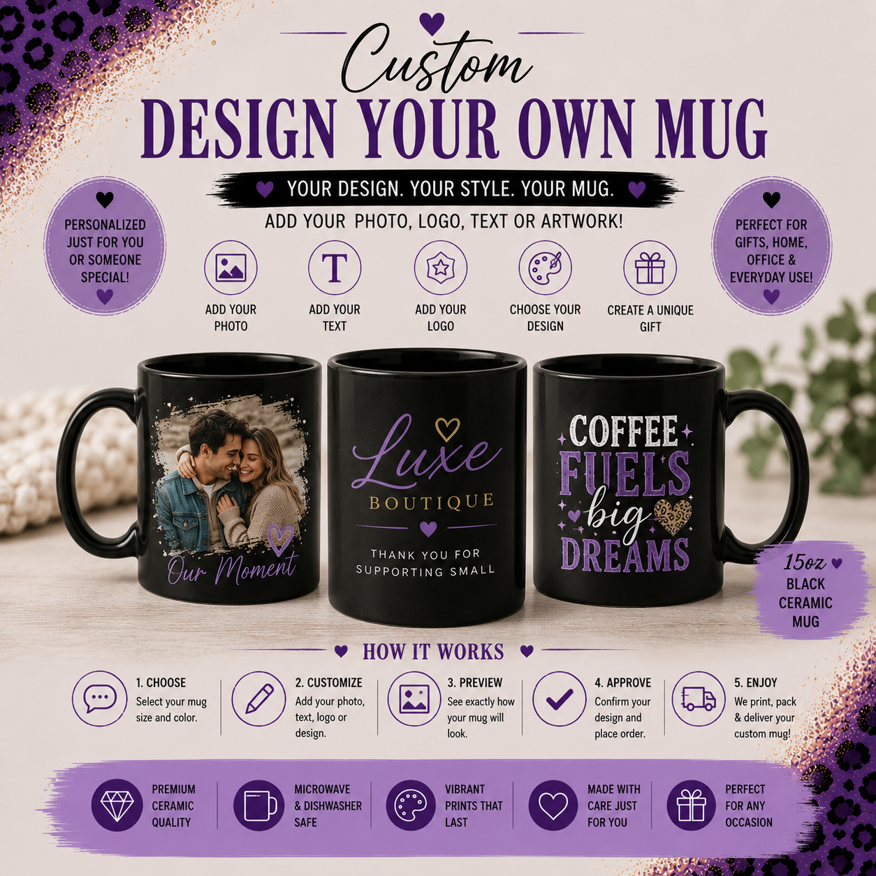 Custom mugs featuring photos, logos, and text shown with steps to create Design Your Own Coffee Mug 15oz Black – Custom Photo Mug, Personalized Mug, Add Your Logo Text Image, Custom Gift Mug for Her or Him