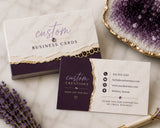Custom marble and purple business cards with 'custom business cards' and contact info layout, styled with amethyst crystals and leopard print accents - Marie Gems