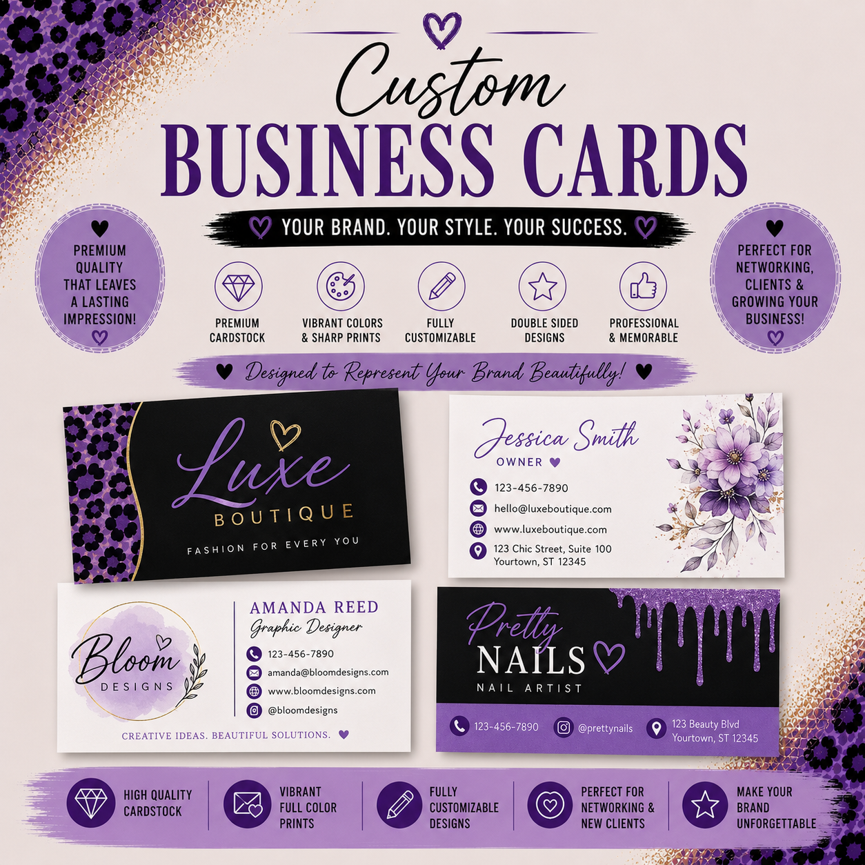 Custom Business Cards By Marie Gems For Brand Identity, Professional Networking, And Memorable First Impressions with floral and elegant designs.