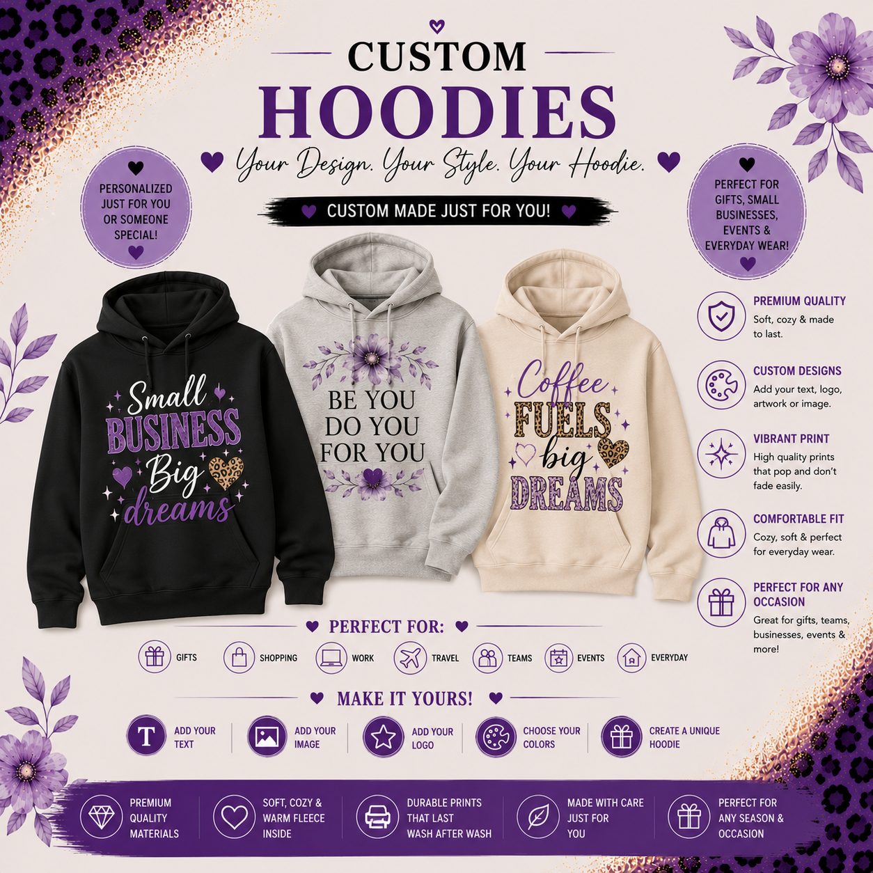 Custom Hoodie Personalized DTF Printed Hoodie Custom Sweatshirt With Logo Photo Text Design Personalized Gift Small Business Apparel with flowers and leopard print accents