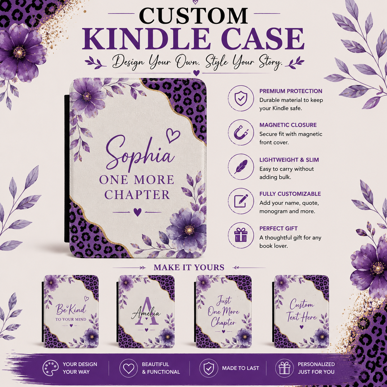 Custom Kindle Case | Personalized Reader Cover with purple leopard floral design and customizable name and quote options.