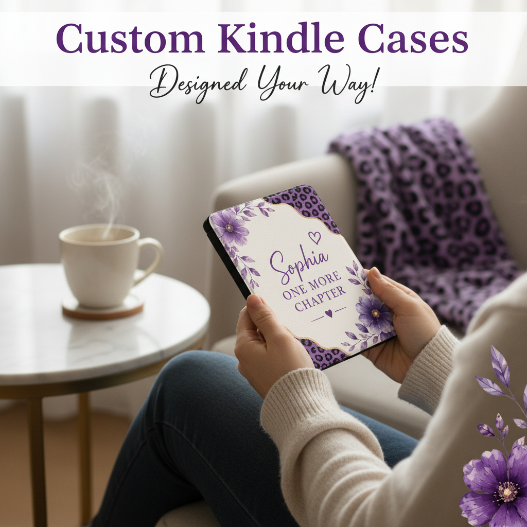 Custom Kindle Case | Personalized Reader Cover with purple leopard floral design and customizable name and quote options.