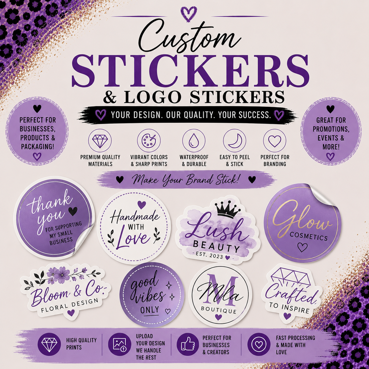 Custom logo stickers for small business branding, packaging, product labels, and promotional materials