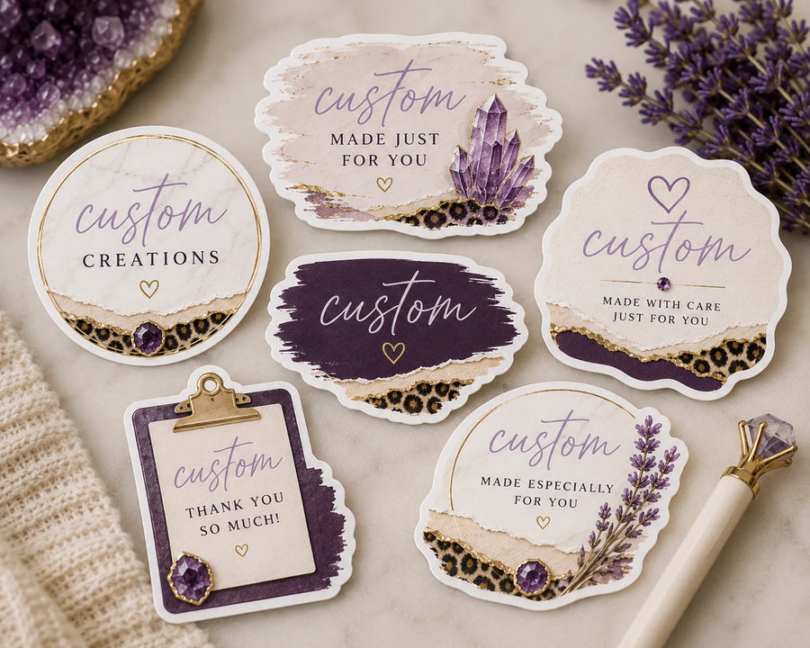 Set of purple and marble custom branding stickers with 'custom creations' and 'made just for you' script text, styled with amethyst crystals and lavender - Marie Gems