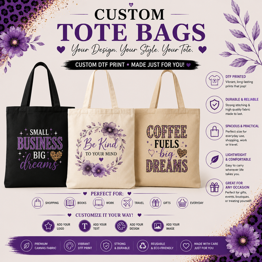 Custom Tote Bag Personalized Canvas Tote Bag With DTF Print Custom Logo Bag Reusable Shopping Tote Personalized Gift Small Business Merch featuring floral and motivational designs.