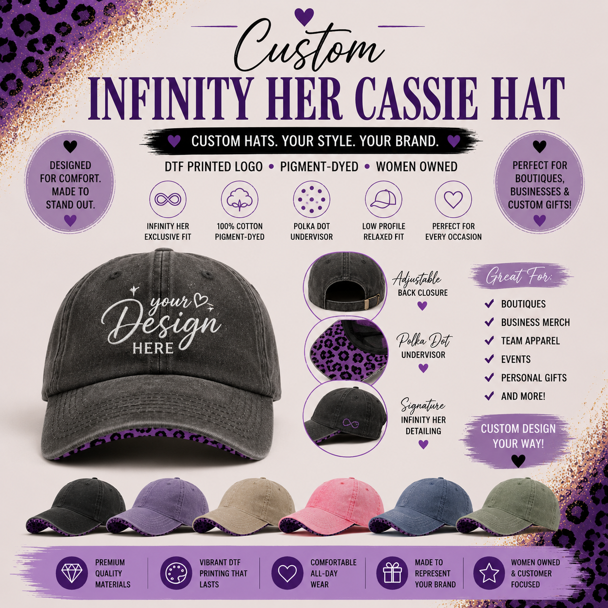Custom Infinity Her CASSIE Women’s Pigment-Dyed Hat with Polka Dot Undervisor – DTF Printed Logo Cap, Personalized Women’s Boutique Baseball Hat, Custom Busines in multiple colors.
