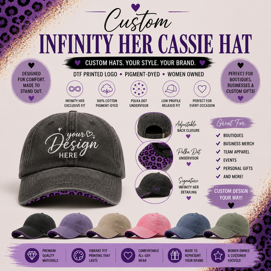 Custom Infinity Her CASSIE Women’s Pigment-Dyed Hat with Polka Dot Undervisor – DTF Printed Logo Cap, Personalized Women’s Boutique Baseball Hat, Custom Busines in multiple colors.