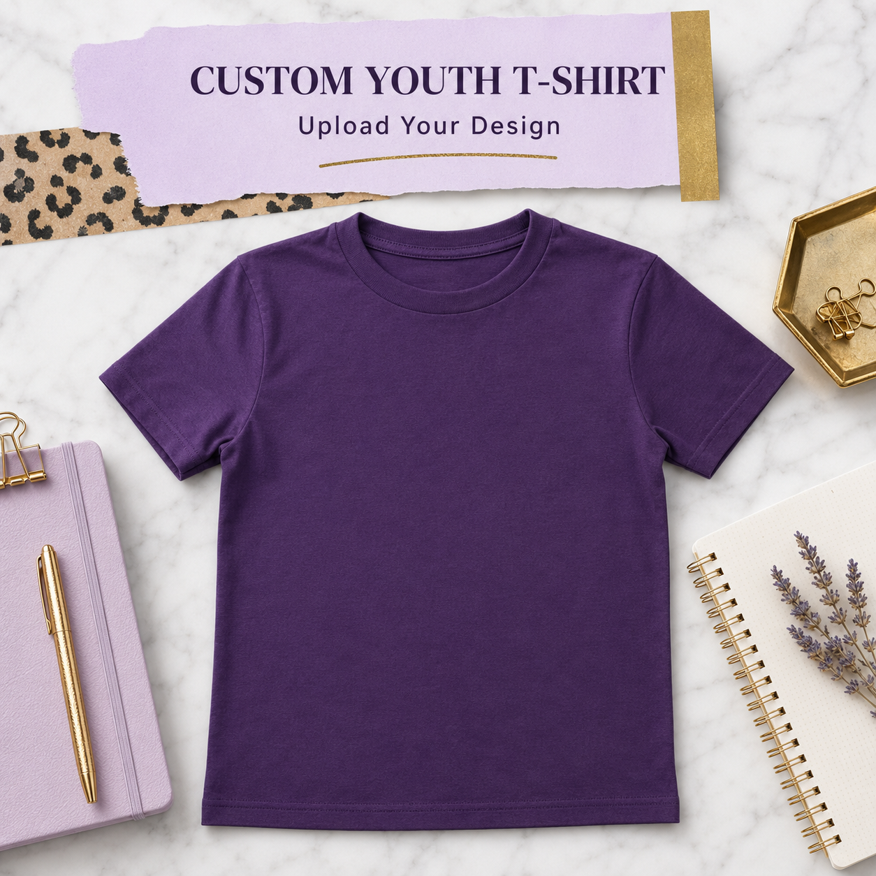 Custom youth T-shirt with upload-your-design option on a purple Marie Gems product display