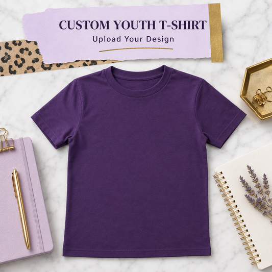 Custom youth T-shirt with upload-your-design option on a purple Marie Gems product display