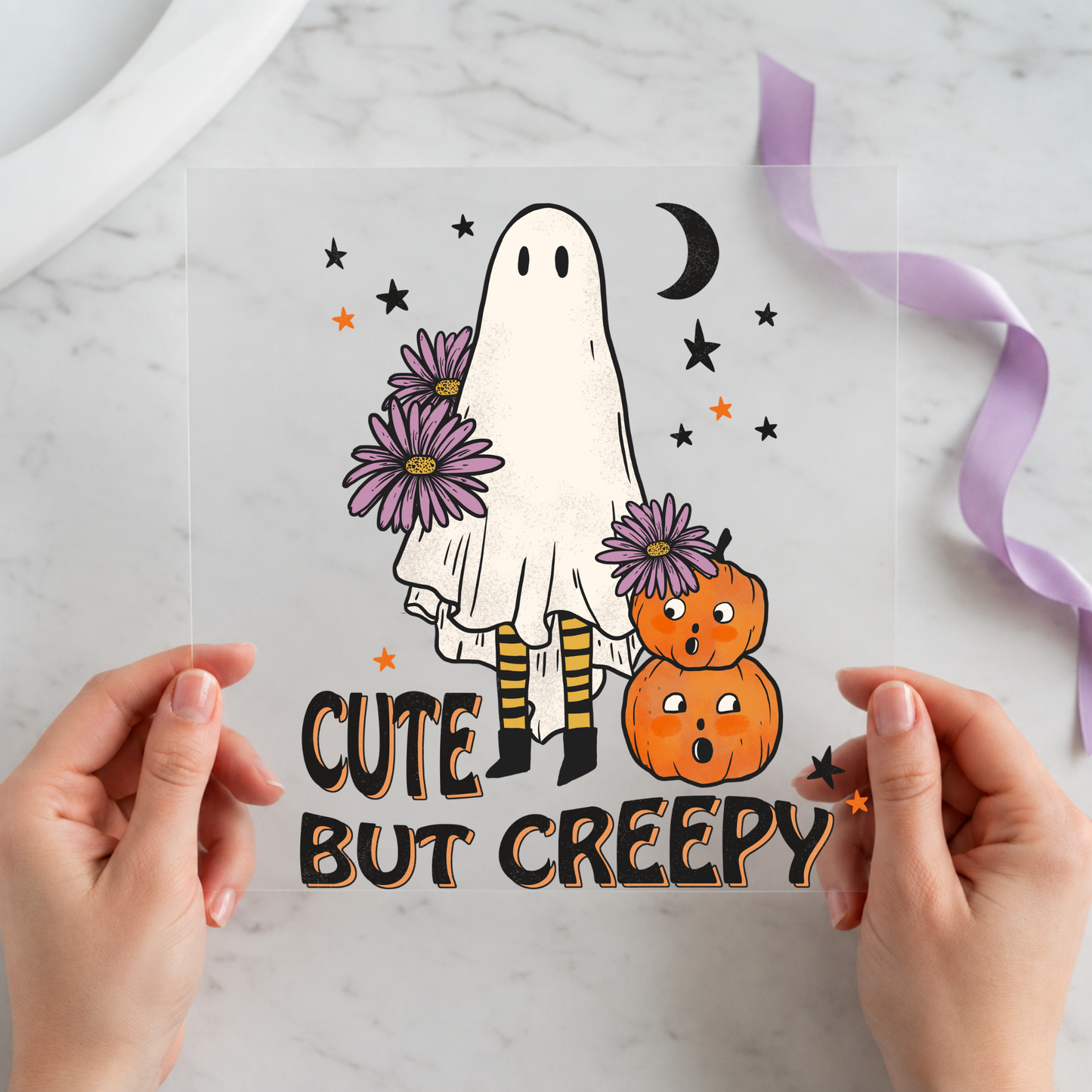 Cute But Creepy Ghost featuring ghost holding purple flowers beside a small pumpkin on a 12x12 ready-to-press DTF heat transfer