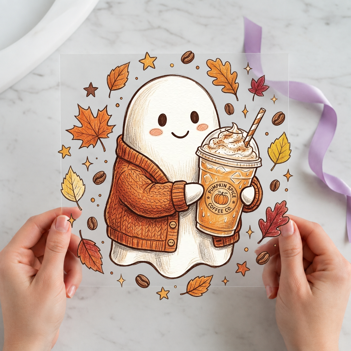 Cute Fall Ghost Pumpkin Spice featuring smiling ghost in rust sweater holding a pumpkin-spice drink among leaves on a 12x12 ready-to-press DTF heat transfer